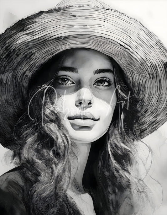 A detailed black-and-white sketch of a woman wearing a wide-brimmed straw hat with intricate woven texture for a young beauty product
